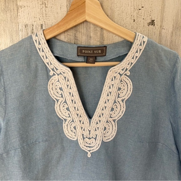 Point Sur J. Crew Blue White Linen Cotton Blend Blouse Size XS - Picture 5 of 12